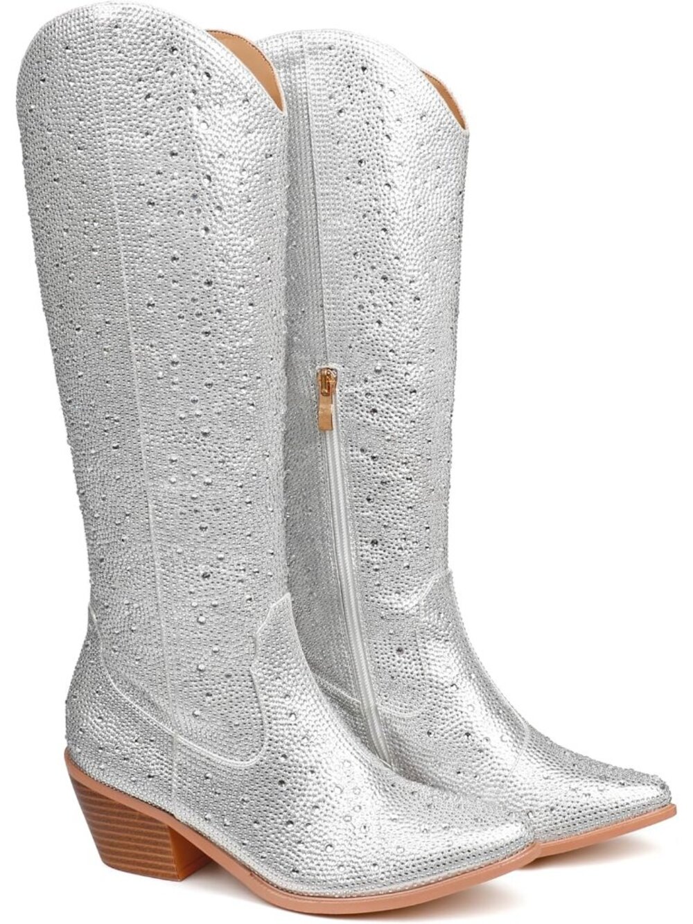 Women’s Silver Rhinestone Knee High Cowboy Pointed Toe Western Cowgirl Boots